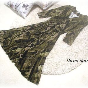 送料無料*スリードッツ/three dots*胸元カシュクール総柄プリントワンピース/ウエストリボン/ストレッチレーヨン/米国製/F