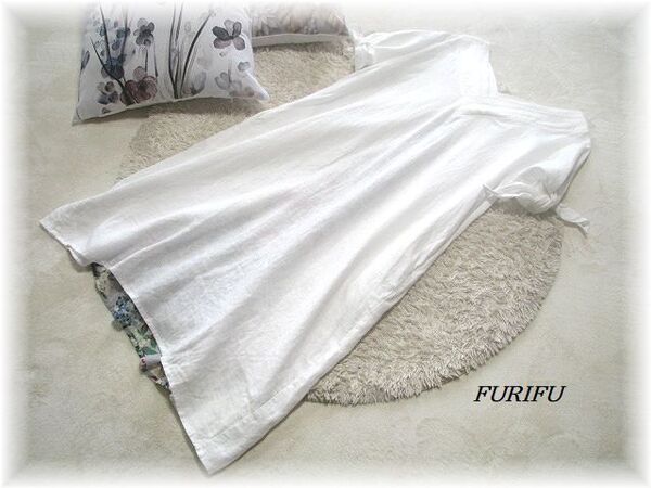 送料無料*ふりふ/FURIFU*和柄プリント切り替えリネンワンピース/着物衿/袖リボンデザイン/麻100%/ウォッシャブル/Free