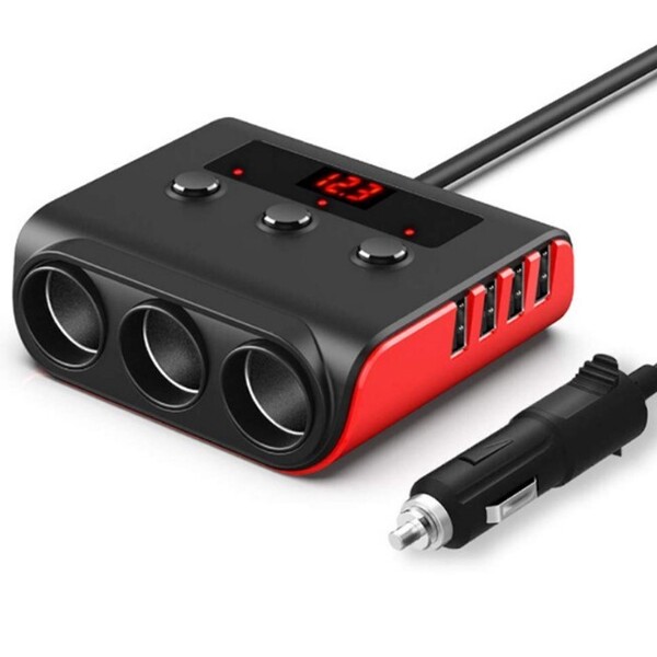 シガーソケット3連 4ポート付き USB充電器 120W 最大電流3.6A QC3.0 急速充電搭載 取り替えヒューズ付き(色:レッド)