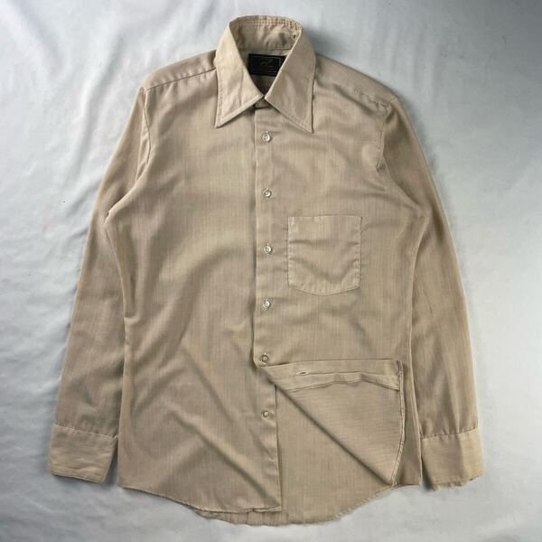 US Vintage 70s FORMATIC PRESSAGE DURABLE PRESS くすみカラー 暖色 シアー 幾何学模様 装飾 ベージュ 総柄 デザインシャツ ドレスシャツ