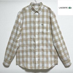 【新品】LACOSTE ラコステ 定価¥17,600 涼しく肌にやさしい天然素材 リネン製ブロックチェック長袖シャツ ベージュ×ホワイト size 4 (L)