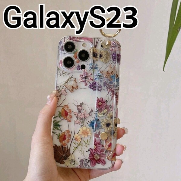 GalaxyS23 ケース 花柄 クリア ベルト付き リング Galaxy S23