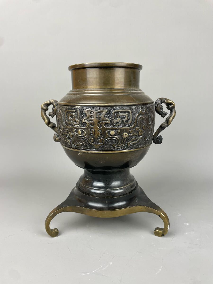 A29295 高岡銅器 陵山 花器 龍双耳 獣足 三足 工芸品 金属工芸
