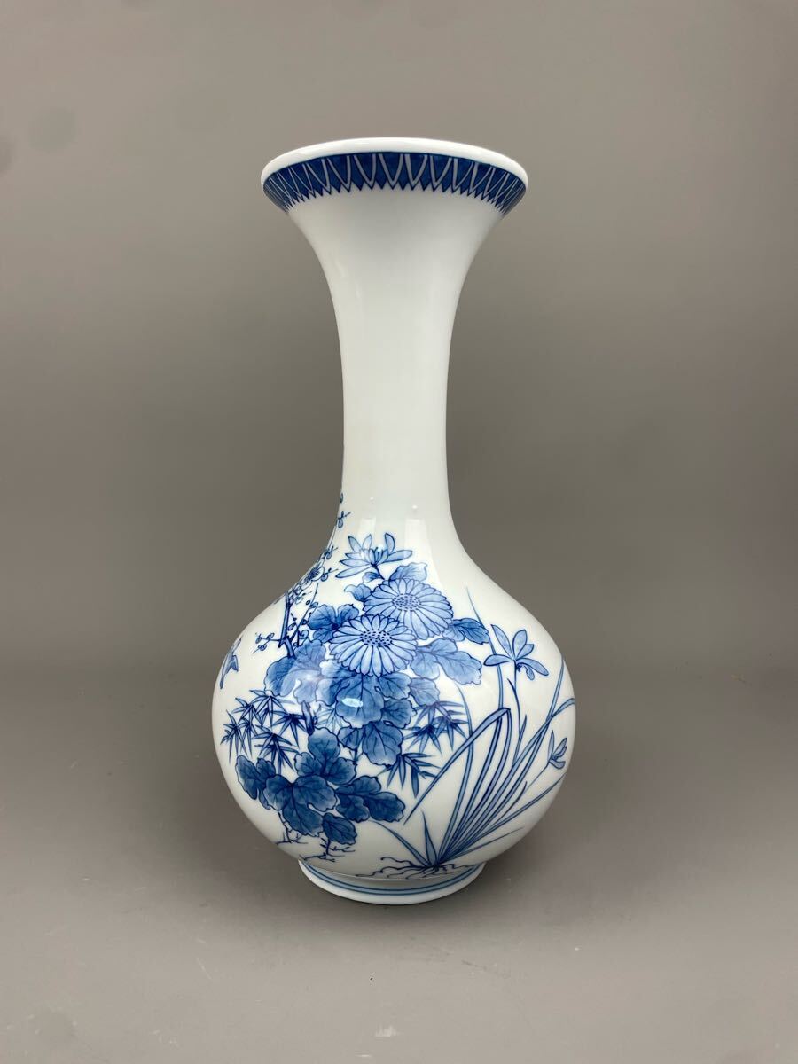 2741 三川内焼 染付唐子図 花瓶 昭和44年 陽山末太郎作