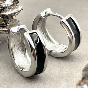 ブラック ライン フープピアス ◆ リングピアス メンズ シルバー925 18G 新品 未使用 ストリート カジュアル 韓国系 両耳用 【PN243-5】