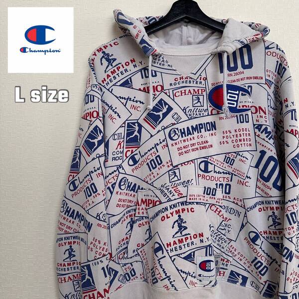 champion チャンピオン100周年記念パーカー 総柄 ホワイト Lサイズ