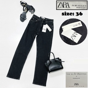 ZARA /36/ ブラック スリムデニムパンツ クロップドジーンズ レディース タグ付き 生地 コットン混 通勤 バイク アウトドア キャンプ ザラ