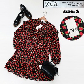 ZARA /S/ ブラック×レッド 長袖ワンピース 花柄ドレス レディース タグ付き カジュアルフェミニン 大人可愛いガーリー 生地 コットン ザラ