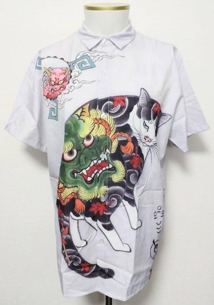 送料無料! 【Lサイズ】猫 ネコ ねこ 緑 鬼 シャツ 柄シャツ 和柄 ロック パンク ネオスマ