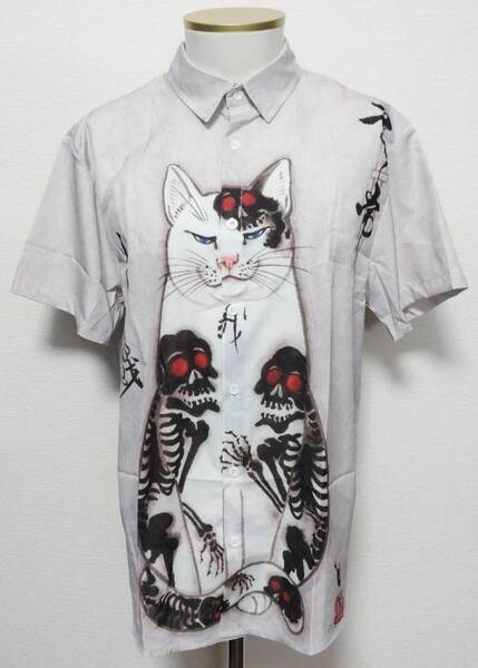 送料無料!【Lサイズ】猫 ネコ ドクロ 柄シャツ 半袖 和柄 和風 浮世絵 ホラー モンスター 骸骨 ネオスマ