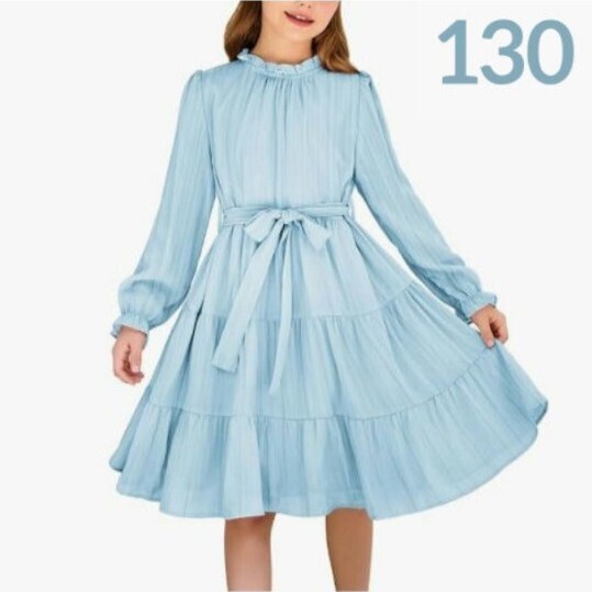 新品 130 女の子 子供 ドレス 長袖 ワンピース フォーマル ミディドレス ティアード ふんわり ベルト付き 発表会 結婚式 パーティー ブルー