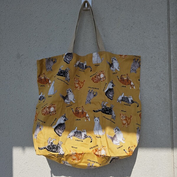 即決 送料込 ハンドメイド 布カバン 綿コットン オックス 濃ベージュ 猫ネコ ラグドール ベンガル マンチカン エコバッグ トート 大容量