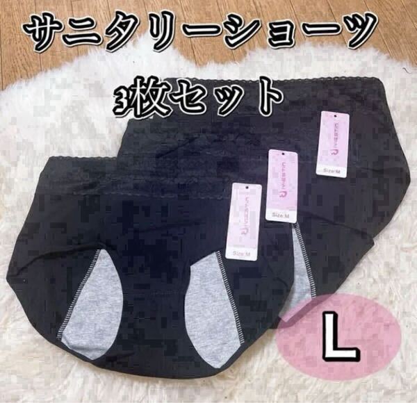 サニタリー ショーツ 3枚セット ブラック 黒 生理 Lサイズ 生理用パンツ まとめ売り 産褥 マタニティ 防水 下着 生理パンツ レース