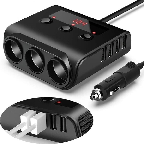 シガーソケット3連 4ポート付き USB充電器 120W 最大電流3.6A QC3.0 急速充電搭載 取り替えヒューズ付き