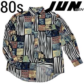 80s アーカイブ■JUN MEN■総柄 バロック ゴシック パネル シャツ F 白 黒 絵画 花柄 ストライプ ジャンメン ヴィンテージ