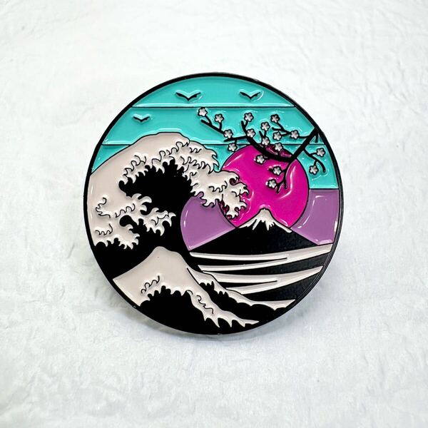 【ピンバッジ】津波 桜 富士山 北斎 和風 ビビッドカラー