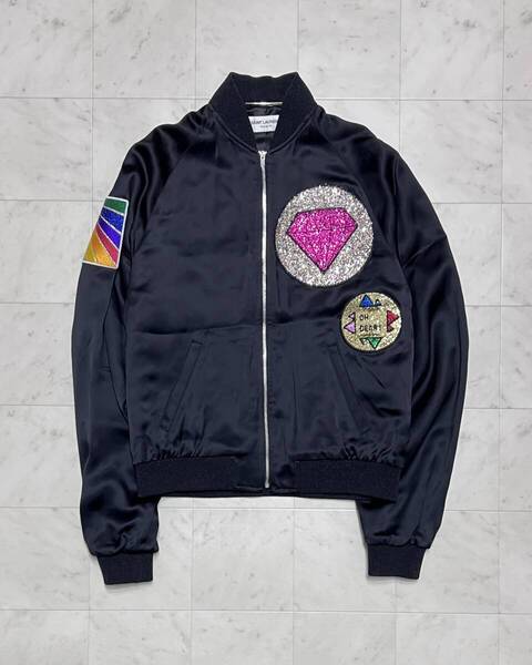 【美品】Saint Laurent Paris サンローランパリ【455581 Y469W】グリッターワッペン ブルゾン サイズ:44 ブラック