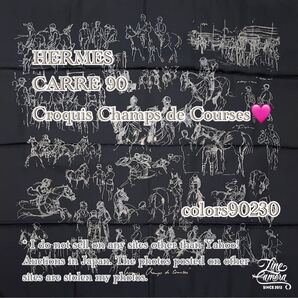 激レア!人気柄!エルメス 大判 スカーフ ストール カレ 90 競馬場のクロッキー シルク100% Croquis Champs de Courses ノワール 黒 極美品