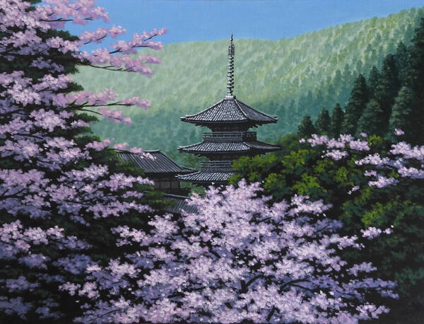 油彩画 F6号 朝隈敏彦【三重塔に桜】風景画「真作」