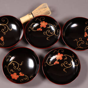【MA488】漆芸 木製漆器 梅唐草蒔絵 木皿 五客 11.9cm 黒塗 溜塗 天然木 / 検・伝統工芸品 菓子皿 銘々皿 輪島 加賀 能登 金沢 京都