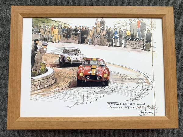 ■BOW。池田和弘『Mille-Maglia /Ferrari250 GT & Porsche 356GT』B5サイズ 額入り 貴重イラスト 印刷物 ポスター風デザイン 額装品