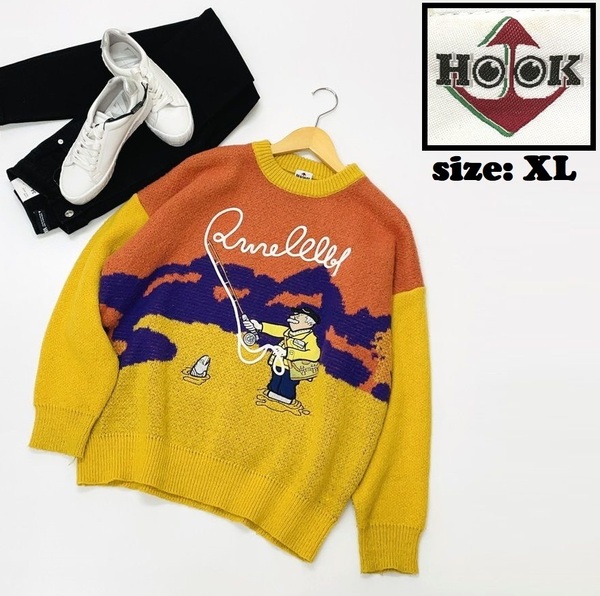 HOOK /XL/ イエロー 長袖セーター ニット オレンジ 刺繍 スポーツ ゴルフ バイク アウトドア キャンプ オートバイ 生地ナイロン混 フック