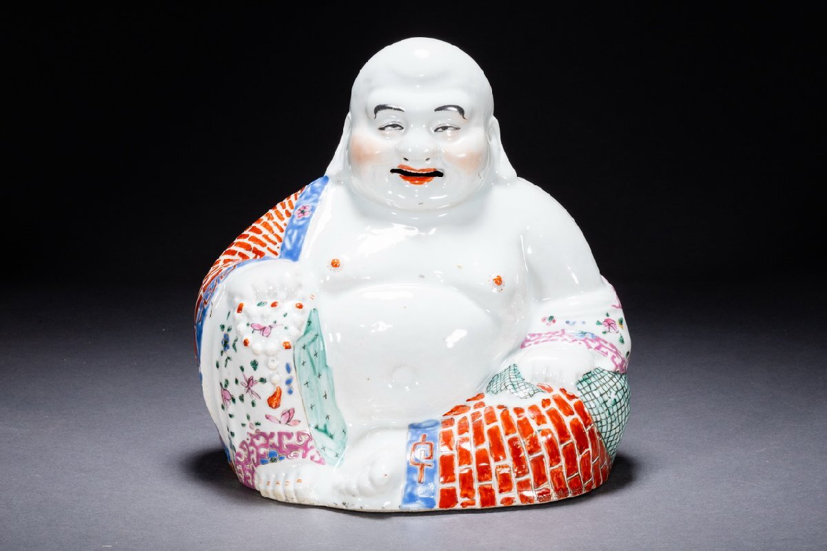 中国古玩 唐物 朱茂盛造 款 白磁弥勒布袋坐像 弥勒佛坐像 景徳鎮