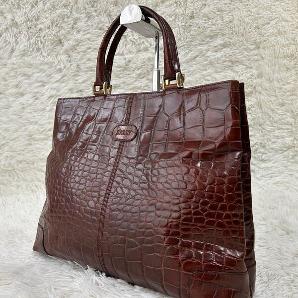 ●超絶希少/美品● Bally バリー A4収納 肩掛け メンズ トートバッグ ビジネスバッグ クロコ 型押し レザー 本革 大容量 金具 ブラウン 自