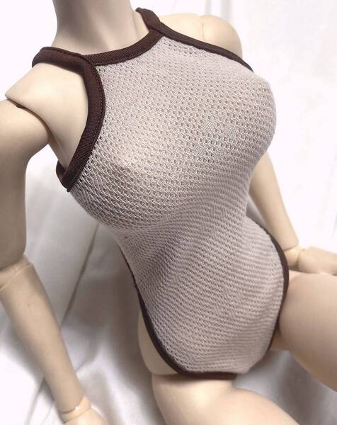 DD M/L胸/スマートドール用 メッシュ生地 競泳風水着/ボディースーツ (ハイネック/ベージュ)(送料込