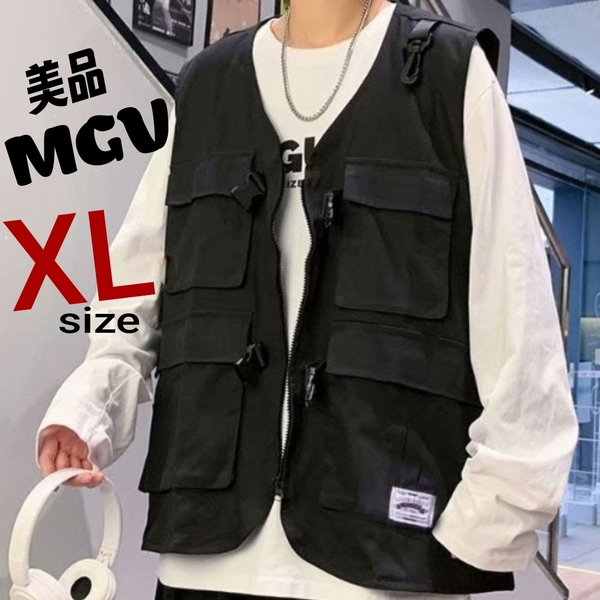 f5美品★メンズ XLサイズ 送料無料★MGV 3520円★Vネック フルジップアップベスト ワークベスト フィッシャーマンベスト ブラック黒色