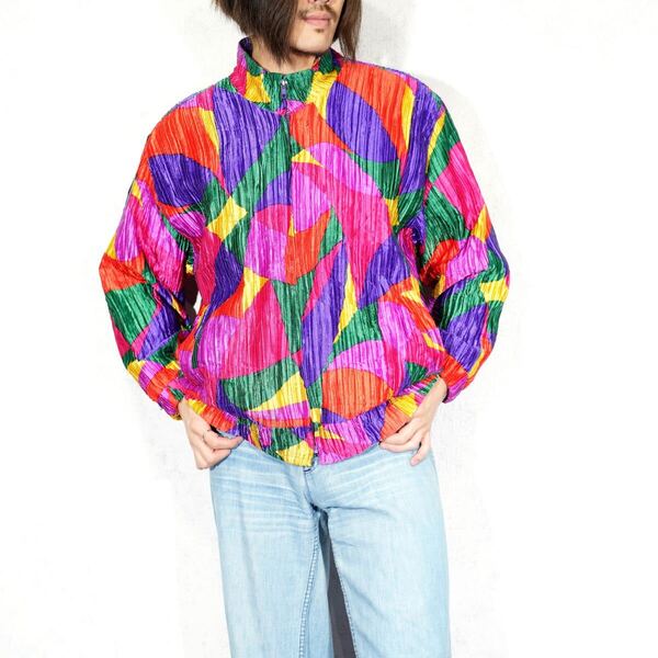 USA VINTAGE A.D.S. Las Vegas ARTISTIC PATTERNED PLATES DESIGN ZIP UP BLOUSON/アメリカ古着アーティスティック柄プリーツブルゾン