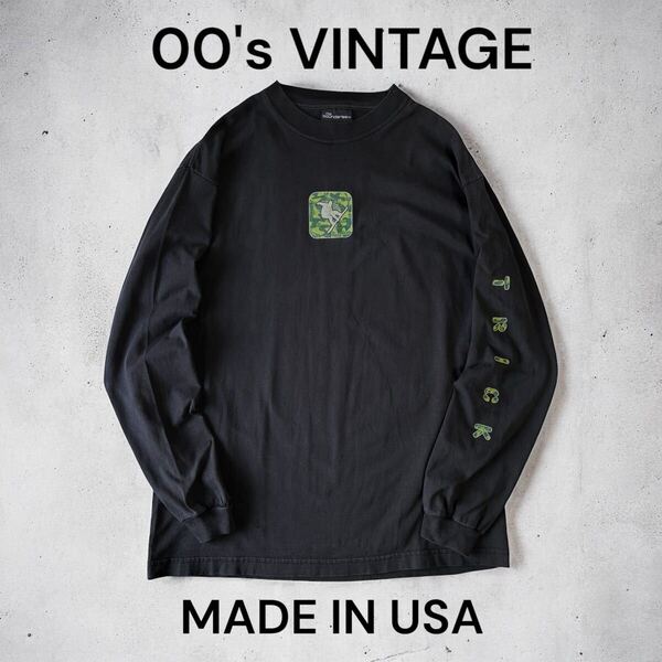 00's USA製 VINTAGE No Boundaries 長袖 Tシャツ 袖プリント スノーボード Y2K 長袖 XL相当 アメリカ購入 輸入 古着 スケート 黒T