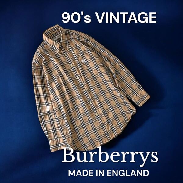 90's VINTAGE 英国製 BURBERRY ノヴァチェック 総柄 ボタンダウンシャツ 長袖 バーバリー ビンテージ 古着 シャツ Burberrys 90年代