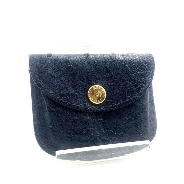 ■希少■GUCCI グッチ オーストリッチ コインケース インターロッキングGロゴボタン ネイビー ゴールド金具 イタリア製 刻印あり