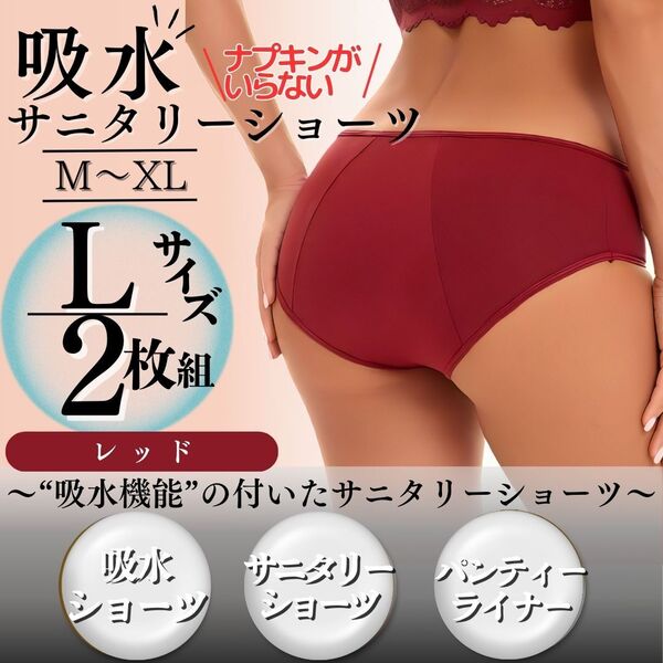 Lサイズ 2枚セット サニタリーショーツ 下着 生理パンツ 吸水ショーツ 赤 レッド 吸水 生理 パンツ 尿もれ 産後パンツ 夜用 ジュニア