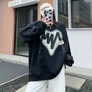 ゆったり トレーナー おしゃれ ハート柄プリント リボン紐付き ブラック 大きいサイズ