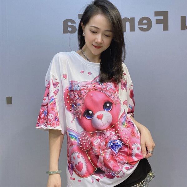 ゆったりtシャツ キラキララインストーン ビーズ付き リボンクマ柄 ホワイト 大きいサイズ