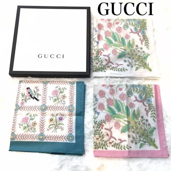 ★ GUCCI グッチ 日本限定 フローラル コットン ポケットチーフ ハンカチ 3種 3枚 セット 美品 ★