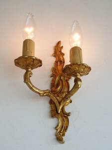フランスアンティーク ブラケット 電球付き 2灯 ブロンズ 青銅 ランプ ライト 壁付け ウォール 蚤の市 キャンドル ゴールド 