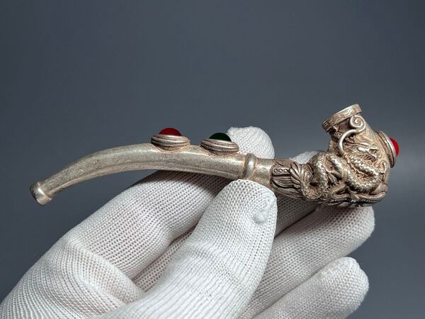 中国古美術 喫煙具 竜紋 金属工芸 時代物 パイプ コレクション 長さ10cm