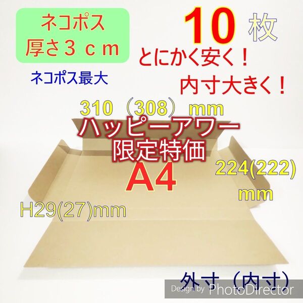 発送用ネコポス最大サイズ 厚さ3㎝ 対応 A4 ダンボール 箱