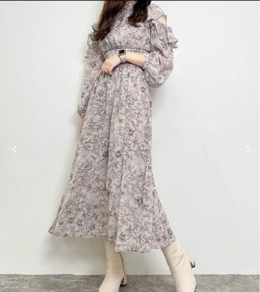 ロングスカート 花柄グレー ロングドレス オープンショルダー ワンピース