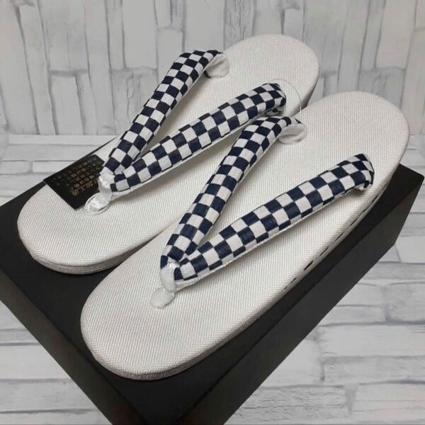 未使用品 草履 亜麻草履 夏用草履 市松 藍色系