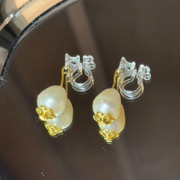 ハンドメイド コットンパール イヤリング ゴールド パール 珍珠