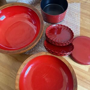 漆器 木製 菓子皿 菓子盆 和食器 朱色セット 茶道具