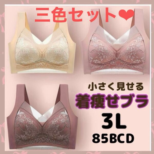胸を小さく見せるブラ 着痩せブラ ノンワイヤーブラ シームレスブラ 3色セット 3L