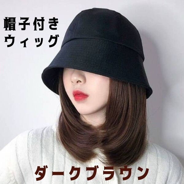 帽子付きウィッグ バケットハット ダークブラウンブラック 一体型 韓国