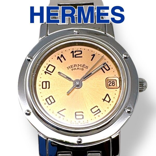 エルメス HERMES クリッパー CL4.210 オレンジ文字盤 シルバー クォーツ QZ デイト ラウンド レディース 時計