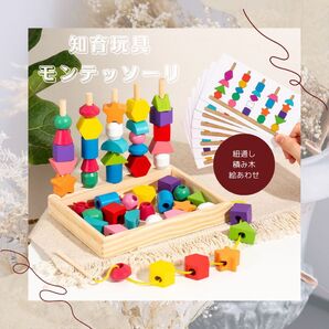 知育玩具モンテッソーリ 紐通し 幼児 赤ちゃん 積み木 絵あわせ