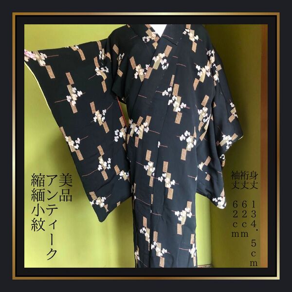 アンティーク着物【小紋】縮緬 正絹 蔦の葉 黒 ブラック 渋好み 大正 夢二
